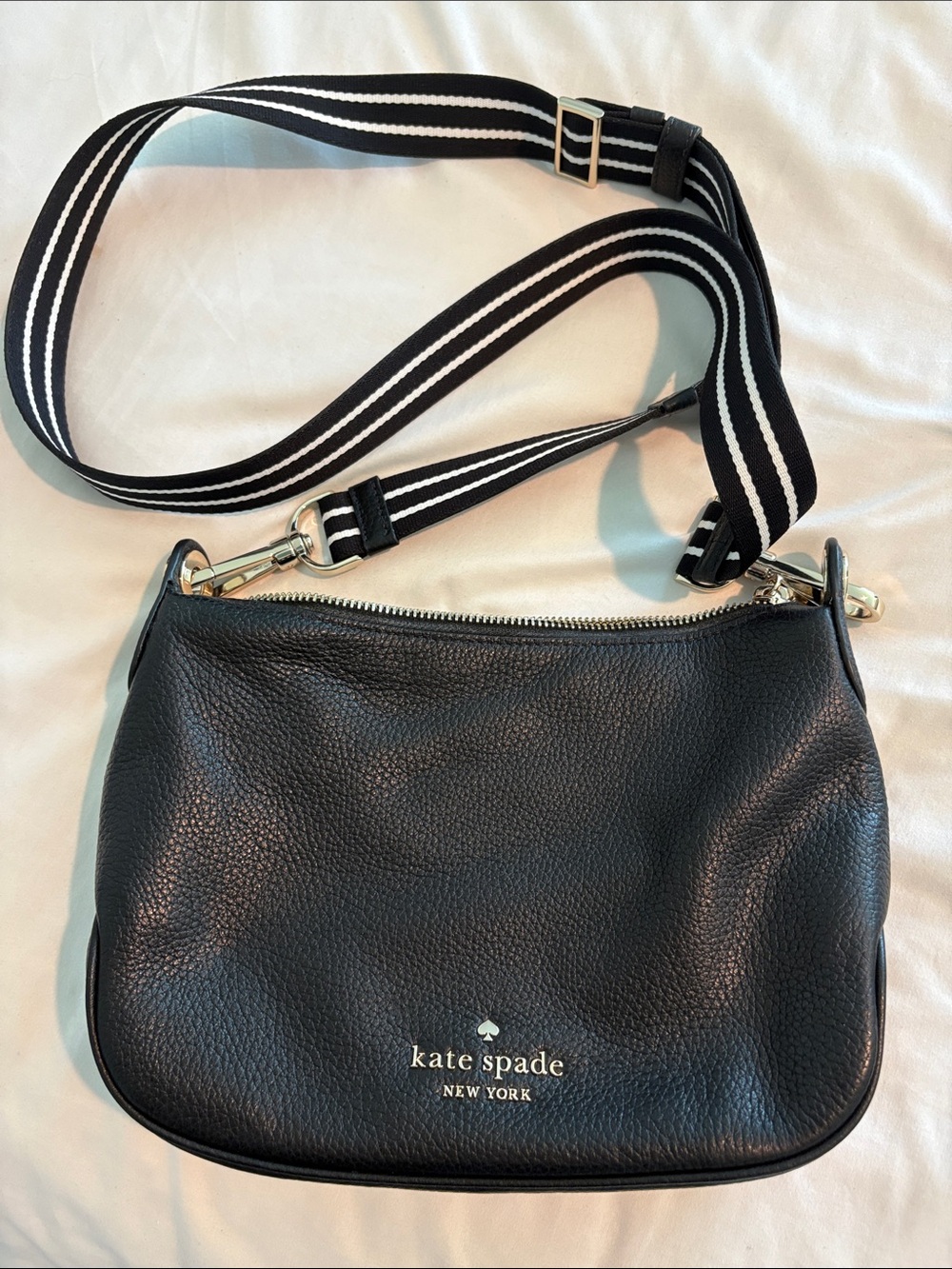 kate spade Black Pebbled Leather Crossbody with Black & White Strap